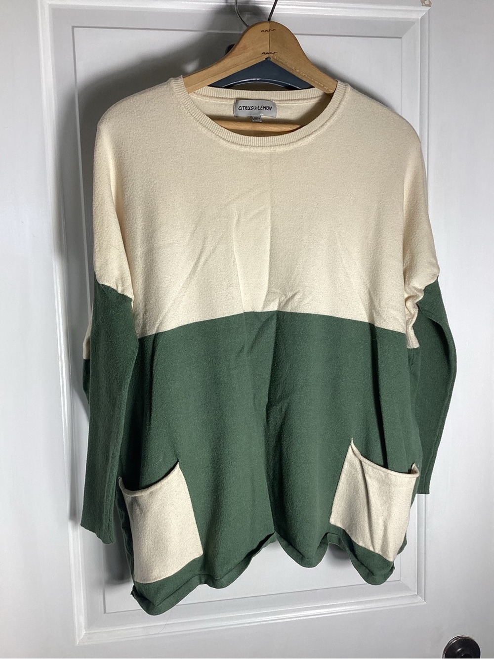 Lemon Cream and Forest Green Colorblock Crewneck Sweater